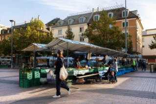 Zwei Mal pro Woche kann man auf dem Marktplatz Oerlikon frische Waren einkaufen. Foto Sophie Stieger